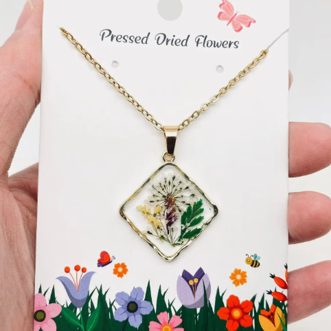Floral Square Pendant Pressed Dried Flowers Necklace - Pdf