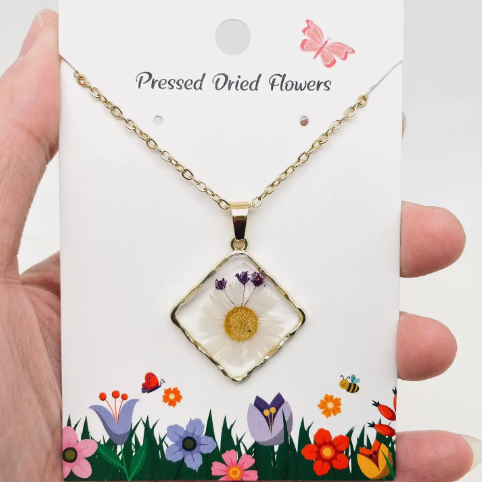 Floral Square Pendant Pressed Dried Flowers Necklace - Pdf