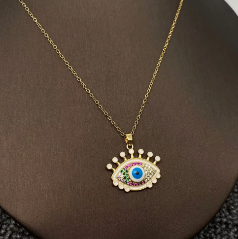 Multi Style Rhinestone Evil Eyes Charm Gold Plated Necklace