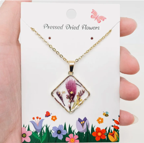 Floral Square Pendant Pressed Dried Flowers Necklace - Pdf
